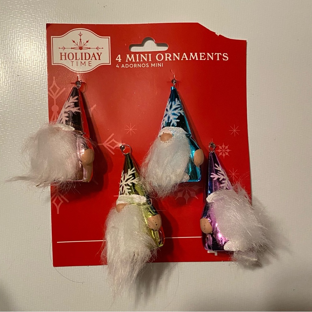 Holiday Time 4 Mini Chrome Gnomes White Beards Christmas Tree Ornaments Multi